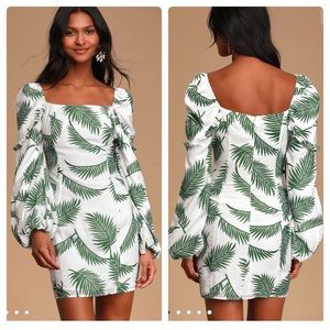 Lulu’s white leaf print balloon sleeve mini dress
